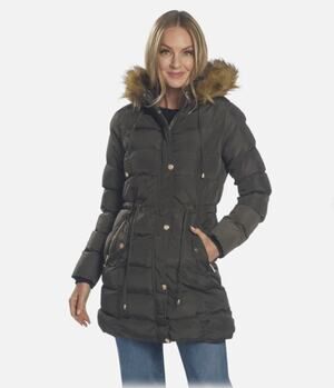 Celsius Green Hooded Puffer Coat With Fleece Lining & Gold Trim, Sz M--NWT